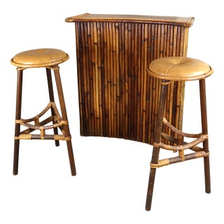 Bamboo Bar and Stools, 1960s, Set of 3 For Sale