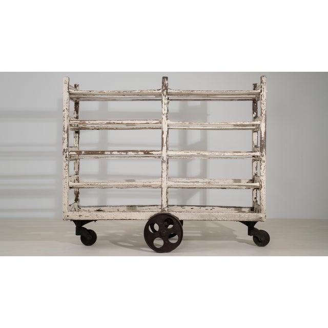 White Patinated Bakery Rack on Wheels, Antique, France, Early 20th Century For Sale - Image 10 of 10