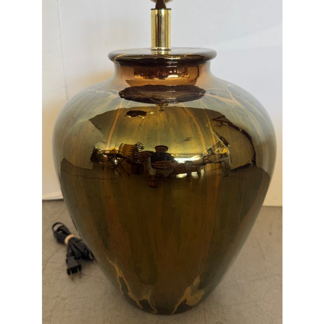 1980s Large High Gloss Mottled Tortoise Shell/Drip Glaze Table Lamp For Sale - Image 4 of 5