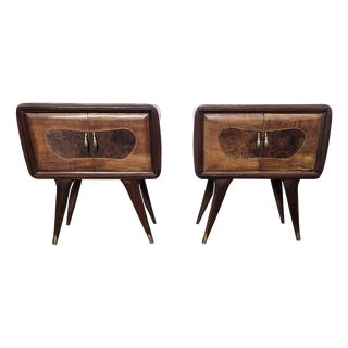 Mid-Century Art Deco Italian Nightstands in Walnut and Glass Top, 1950s, Set of 2 For Sale