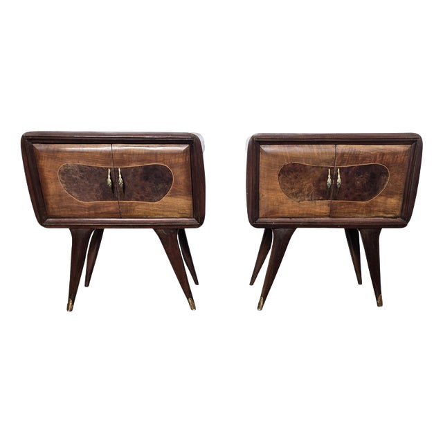 Mid-Century Art Deco Italian Nightstands in Walnut and Glass Top, 1950s, Set of 2 For Sale