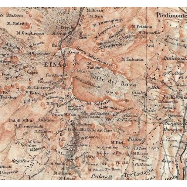 Antique map of the area around the volcano Etna on the Island of Sicily in Italy. Combined shipping available, please...