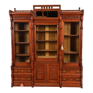 Herter Brothers Style Antique Eastlake Victorian Carved Walnut Triple Bookcase Cabinet, Circa 1880s