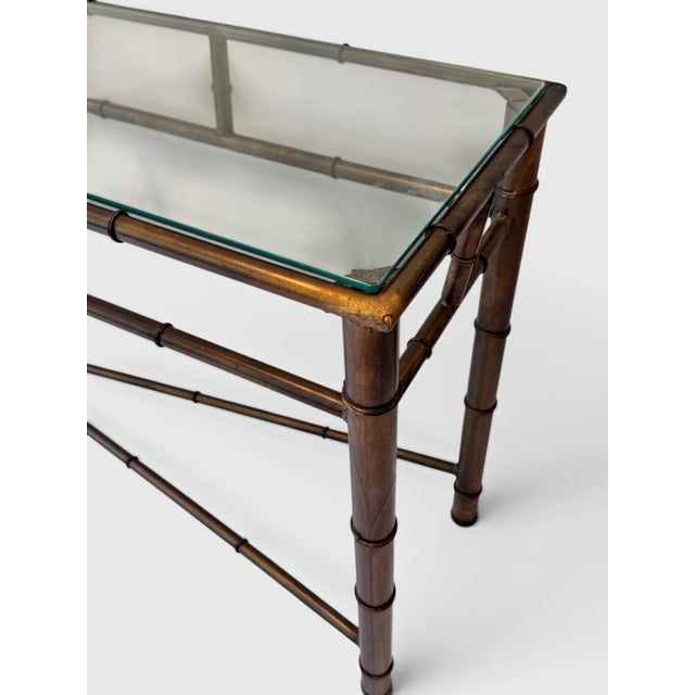 1970s Hollywood Regency Faux Bamboo Bronze Tone Metal Console Sofa Table For Sale - Image 11 of 15