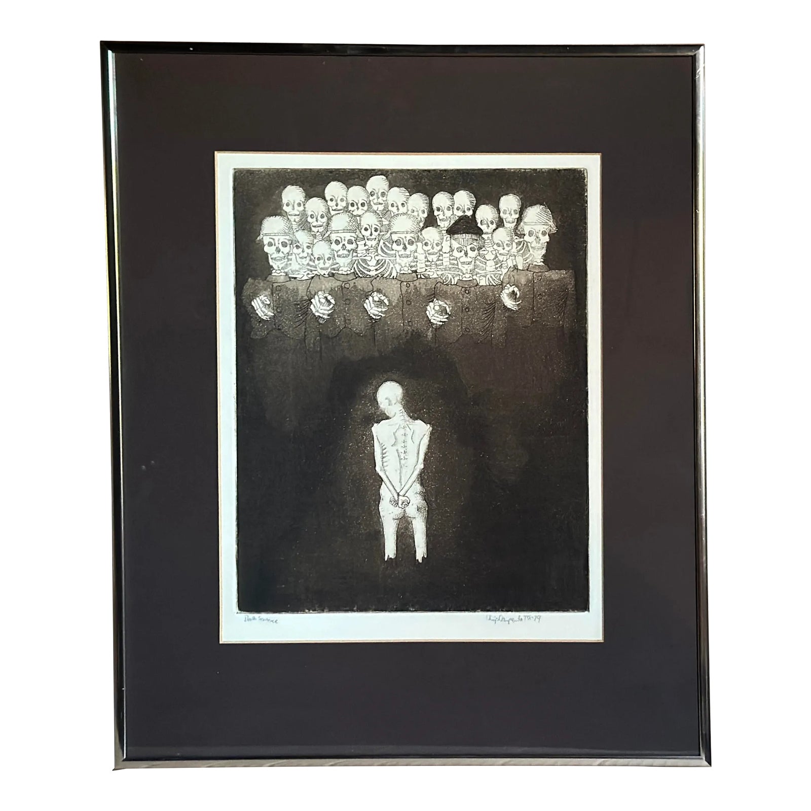 Framed 1970's Death Sentence Signed Lithograph Macabre Art Skeletons