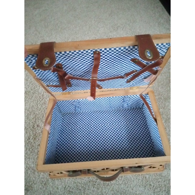 Beige 1980s Pre Owned Woven Wicker & Pine Wood Leather Strap Picnic Basket For Sale - Image 8 of 8