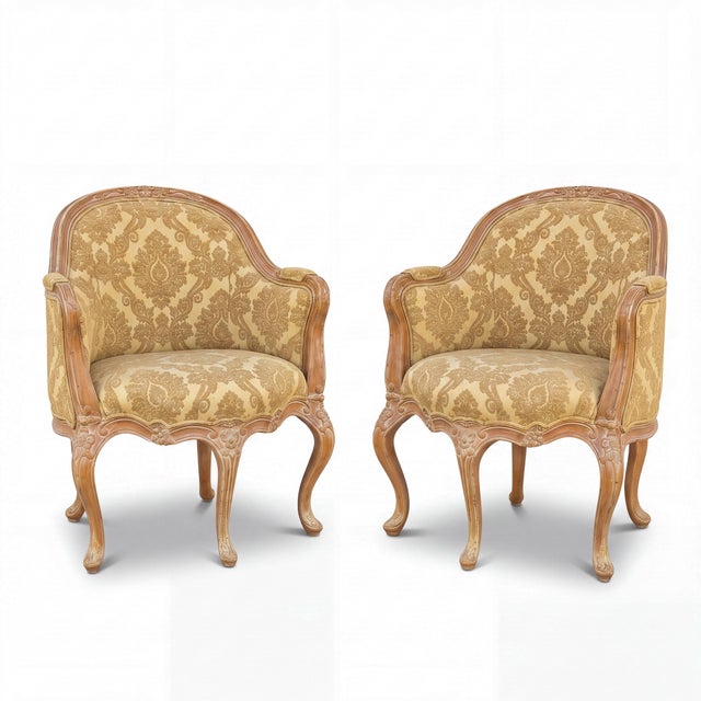 Italian Carved & Cerused Pine French Louis XV Style Barrel Tub Chairs - Pair For Sale - Image 11 of 16
