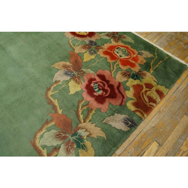 Textile 1930s Green Open Floral Antique Chinese Art Deco Carpet 8' 7" X 11' 4" Knotted Pile Wool Rug For Sale - Image 7 of 12