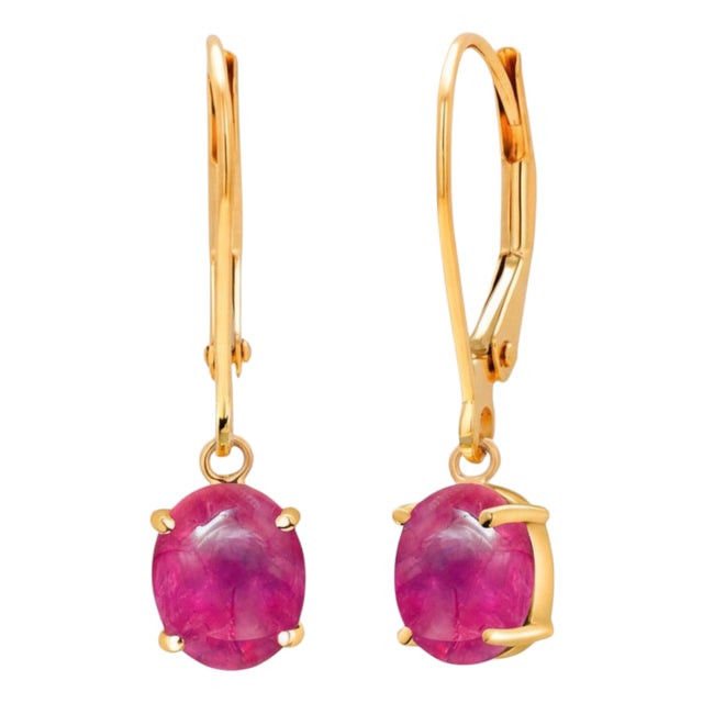 14k Yellow Gold Lever Back Earrings With Matched Cabochon Rubies 2.50 Carats, A Pair For Sale