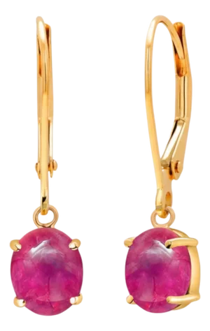 14k Yellow Gold Lever Back Earrings With Matched Cabochon Rubies 2.50 Carats, A Pair