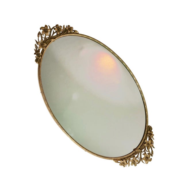 1920s Antique French Gilt Bronze Vanity Mirror Tray With Sculptural Lily Handles, Art Nouveau For Sale - Image 5 of 7