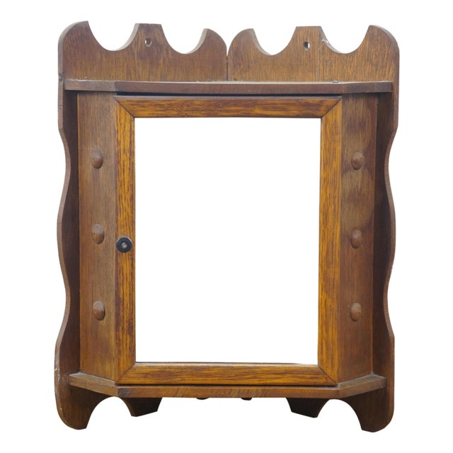 Antique Quartersawn Oak Mirrored Corner Medicine Cabinet Cupboard 20" For Sale