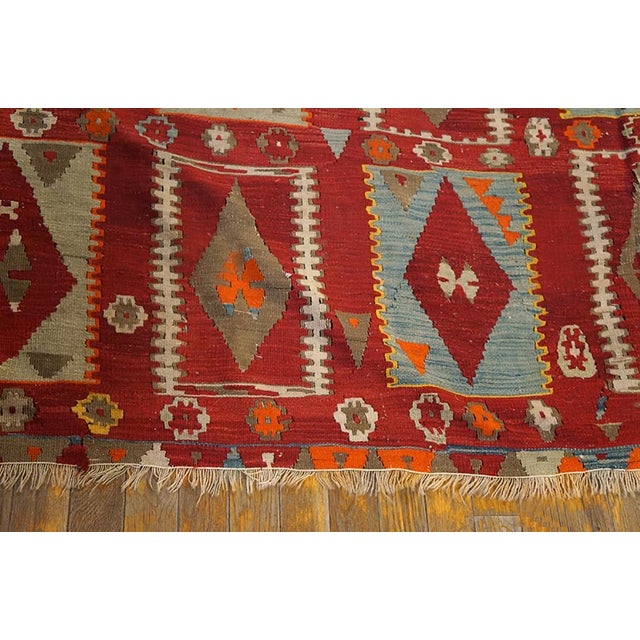 Early 20th Century 1900s Red Diamond Tribal Antique Turkish Oushak Flat-Weave Rug 6'6" X 11' Wool Carpet For Sale - Image 5 of 6