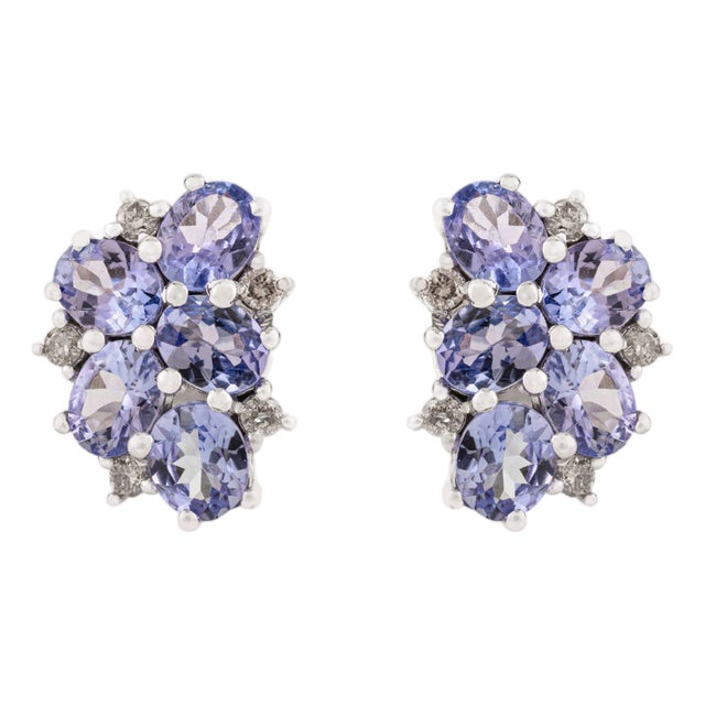 Natural Tanzanite & Diamond Classic Cluster Stud Earrings in Sterling Silver- A Pair For Sale