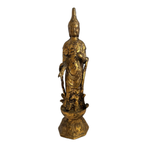 Antique Chinese Gilt Gold Cast Iron Bodhisattva Statue on Lotus Base 19" Tall