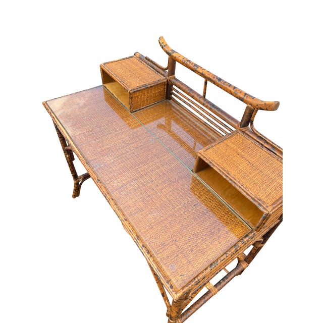 1990s Vintage British Colonial Chinoiserie Style Pagoda Bamboo Desk in Bloomingdale’s Style For Sale - Image 5 of 13