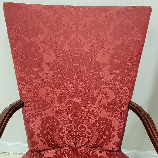 Hickory Chair Furniture Company Hickory Chair James River Fisk Federal Style Mahogany Lolling Armchairs in Raspberry Rose Silk Damask - Pair For Sale - Image 4 of 8