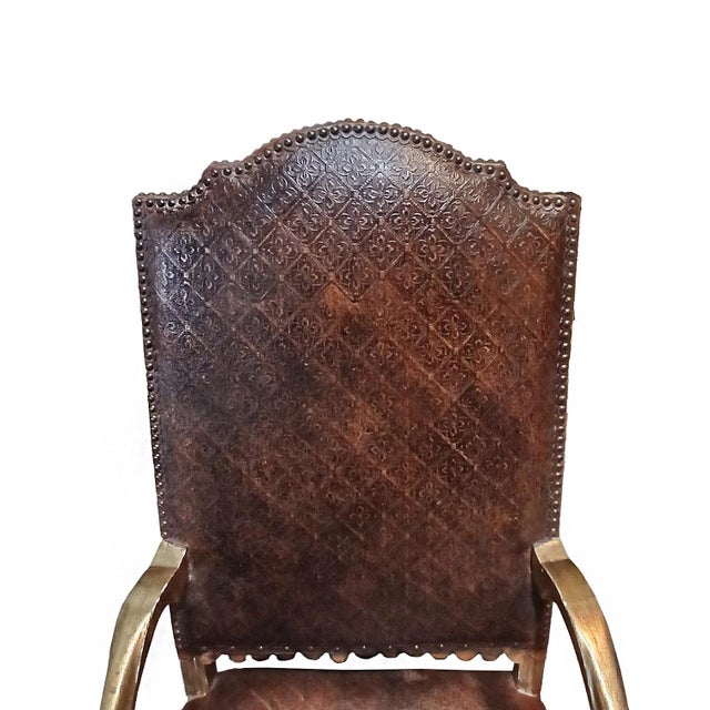 Wood Pair of Louis XIV Armchairs in Tooled Leather and Gilt Wood, Late 18th C. For Sale - Image 7 of 18
