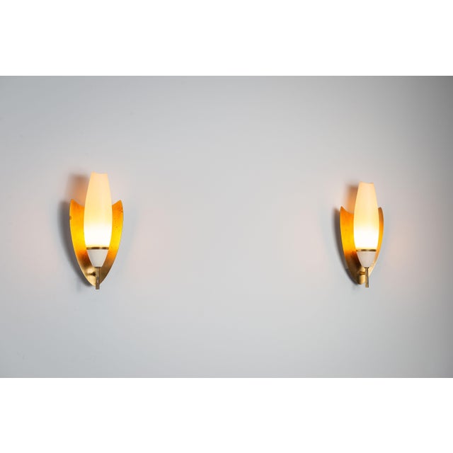 Mid-Century Modern Vintage Wall Lamps with Brass Shields and Glass Shades, 1960s, Set of 2 For Sale - Image 3 of 13