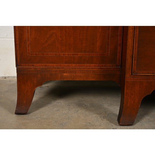 Baker Furniture Style Federal Carved Mahogany Breakfront Bookcase Cabinet With Secretary Desk, Circa 1940s For Sale - Image 12 of 16