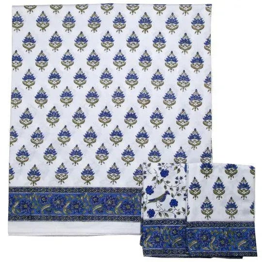 Indian Blossom Queen Bed Blue Fitted Sheet For Sale - Image 3 of 6