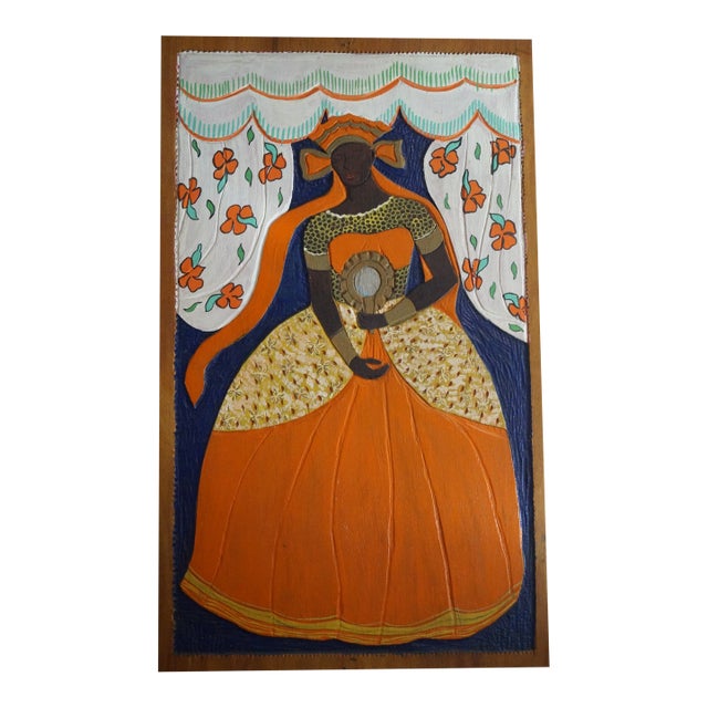 1960s Haitian Voodoo Queen Carved Wood Relief Painting For Sale