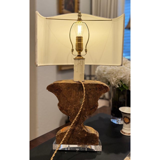 Antique Giltwood Architectural Fragment Lamp, Custom Shade, Professionally Wired For Sale - Image 4 of 10