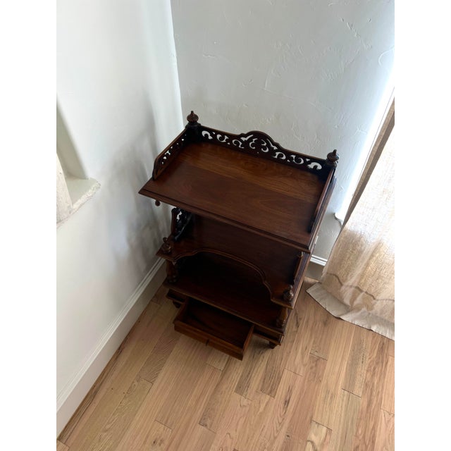 Exquisite Antique Victorian Carved Walnut Étagère Display Stand With Ornate Gallery & Lower Drawer For Sale - Image 4 of 12
