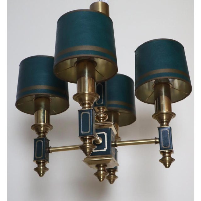 Empire Dark Green Leather and Brass Four-Arm Chandelier, France, 1960s For Sale - Image 10 of 18