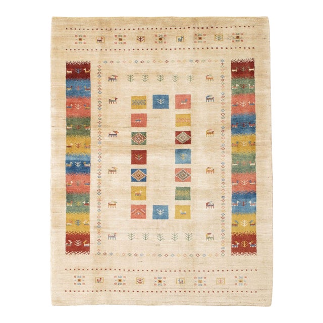 1980s Hand-Knotted Persian Gabbeh Rug With Animal Motifs 4'11" X 6'5" For Sale