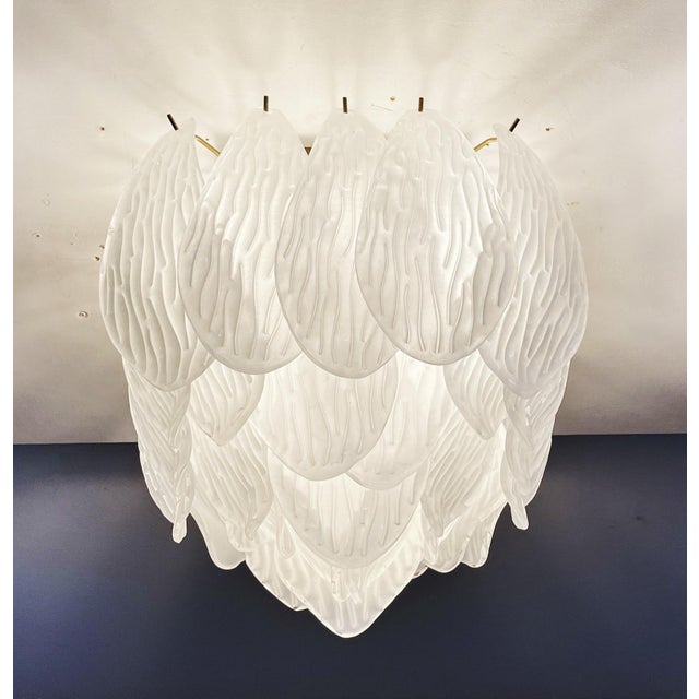 Murano Ceiling Lamp in Frosted Carved Glass Leaves, 1980s For Sale - Image 6 of 17