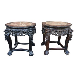 Fine Pair of Chinese 19th or Early 20th C. Carved Hardwood Low Tables With Marble Tops For Sale