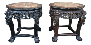 Fine Pair of Chinese 19th or Early 20th C. Carved Hardwood Low Tables With Marble Tops