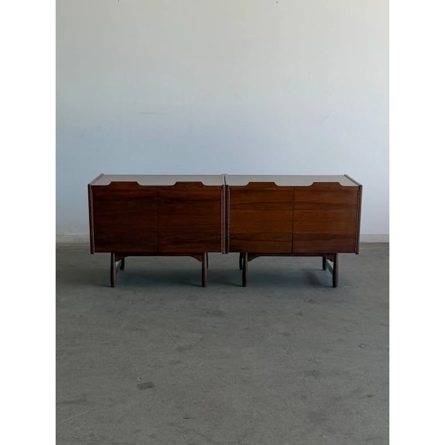 W34 D19 H28 Fully restored pair of Mid Century vintage nightstands finished in a deep stain now available! This pair of...