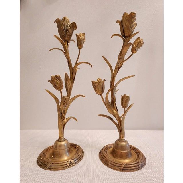 A pair of antique Art Nouveau tulip candle holders to add to a mantle, console or side table.