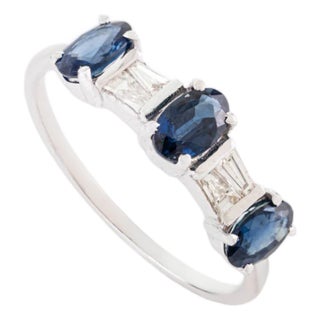 Vintage Style Blue Sapphire and Diamond Three Stone Ring Size 6.5 in 14k White Gold For Sale