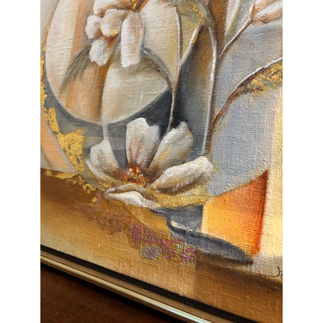 Asian Original Oriental Style Floral Painting With Gold Leaf, Dated 1981 Signed For Sale - Image 3 of 15