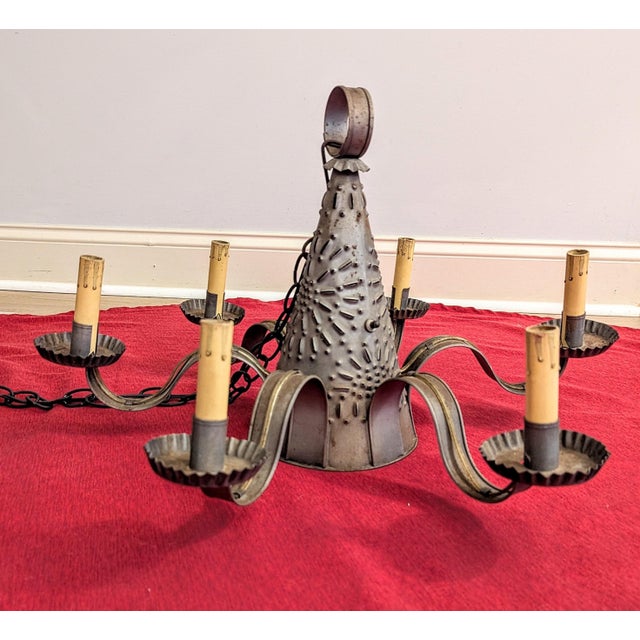 Metal Vintage Hand-Punched Tin Witch's Hat 6-Arm Chandelier – By Irvin's Country Tinware For Sale - Image 7 of 18