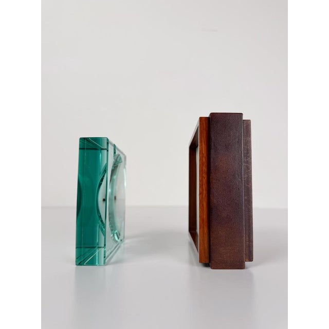 Wood Mid-Century Italian Green Cut Glass and Leather Ashtray in the style of Fontana Arte, 1970s For Sale - Image 7 of 16