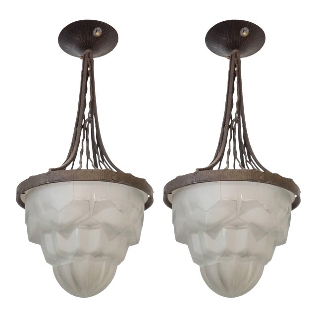 French Art Deco Pendant Chandelier signed by Degue - a Pair For Sale