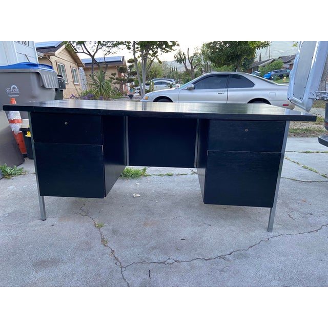 Vintage Mid Century Florence Knoll Double Pedestal Executive Desk Chrome Wood For Sale - Image 10 of 12
