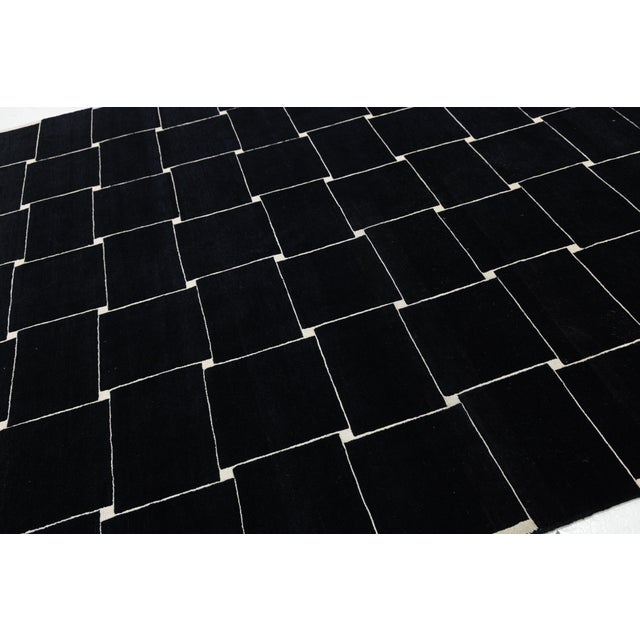 Contemporary Graphic Basketweave Black and Cream Wool Rug Modernist Grid 8x10 For Sale - Image 11 of 12