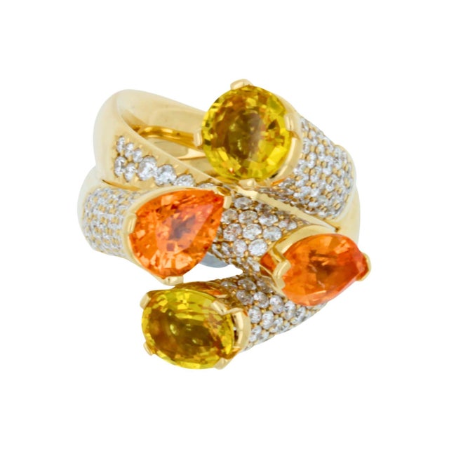 Contemporary Diamond Orange Yellow Sapphire Cocktail Luxury Unique 18 Karat Yellow Gold Ring, Size 6.5 For Sale - Image 3 of 18