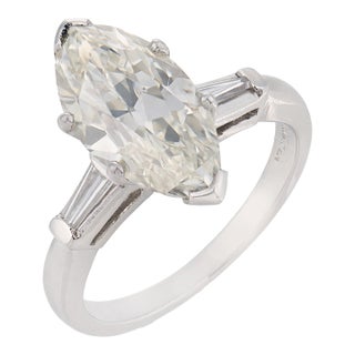 1930s Art Deco Gia 3.19 Carat Old Cut Marquise Diamond Platinum Engagement Ring, Size 4.25 For Sale