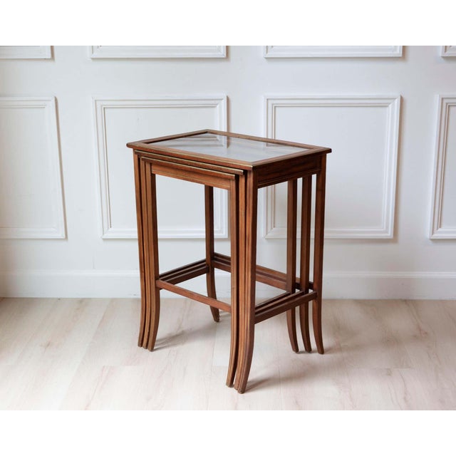 Set of Three Mahogany Nesting Tables with Glass Tops, France, Mid-20th Century For Sale - Image 16 of 17