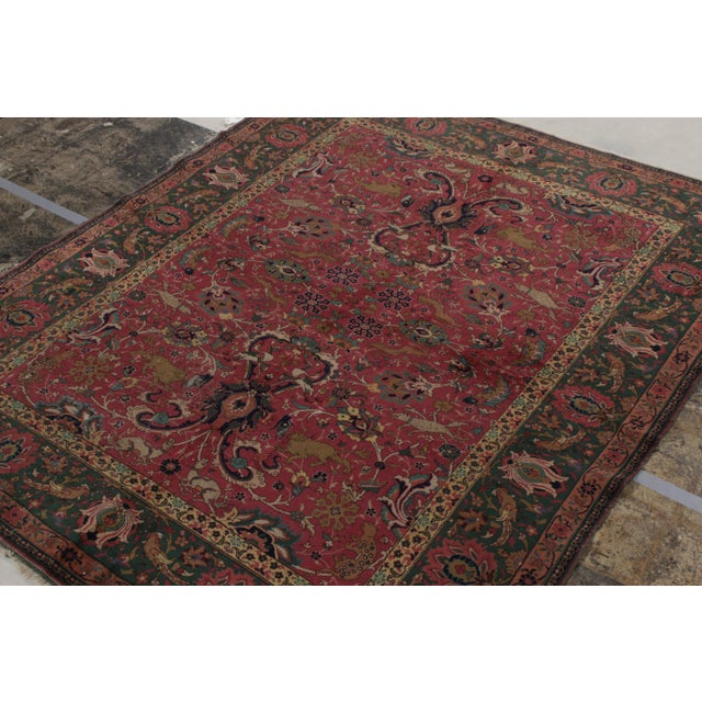 Traditional Hand-Knotted Antique Indian Agra Rug in All Over Pink, Green Hunting Pictorial For Sale - Image 3 of 7