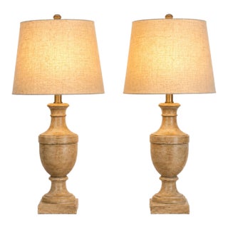 Late 20th Century Belgian French Country Weathered Wood Turned Table Lamps - a Pair For Sale