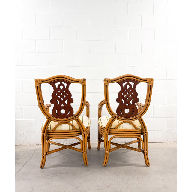 Wood Set of 4 Vintage Bamboo and Mahogany Chippendale Dining Chairs For Sale - Image 7 of 15