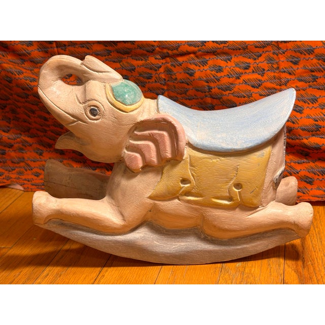 Vintage Hand-Carved Thai Wooden Rocking Elephant Sculpture - Rare Artisan Nursery Décor For Sale - Image 12 of 12