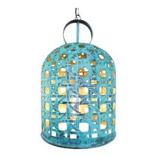 Industrial Verdigris Copper Cane Dome Pendant Light Small For Sale